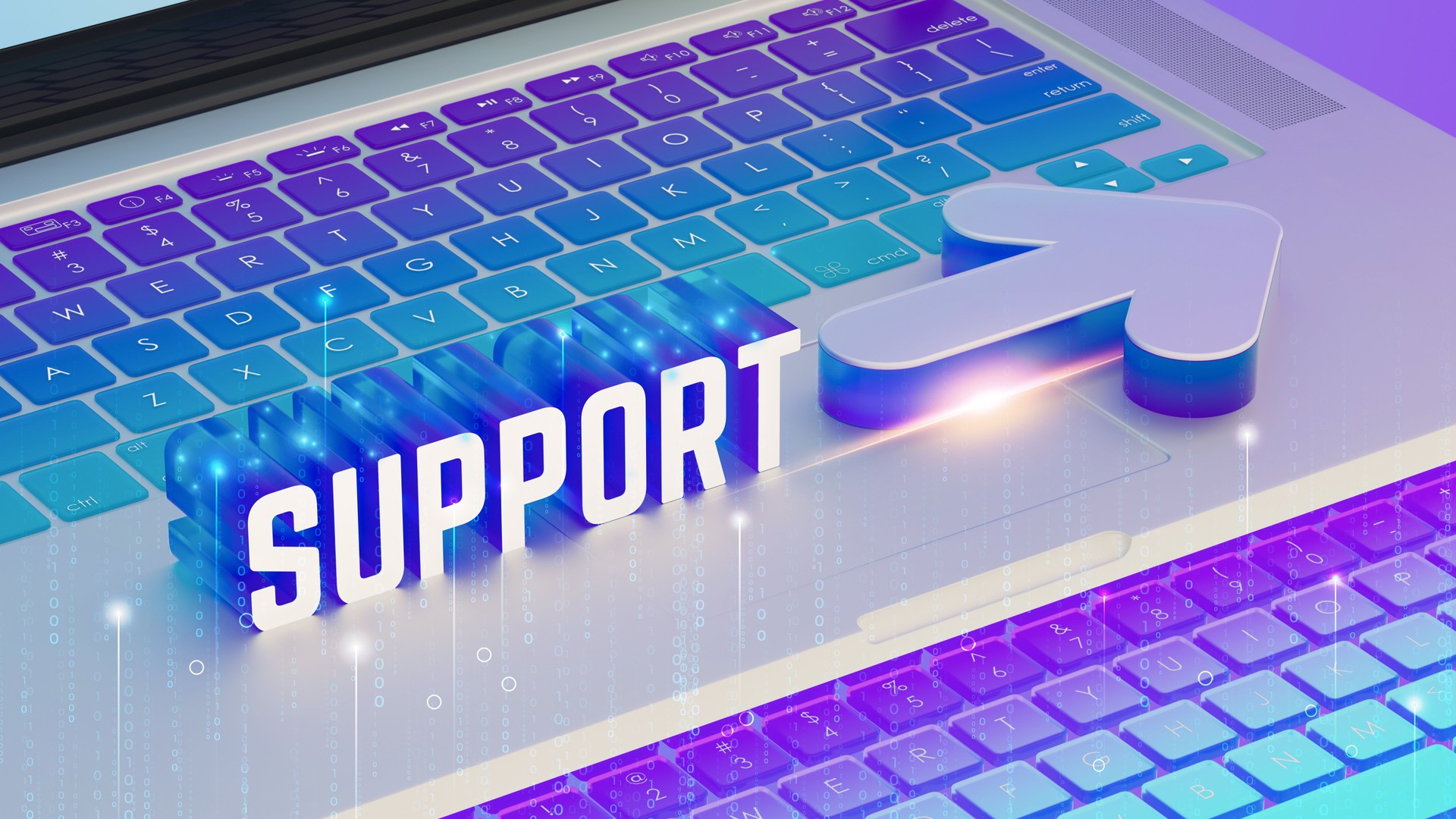 Keyboard, neon purple and blue, SUPPORT text, arrow icon, digital data streams, futuristic design, isometric view, high-tech, 8K render.
